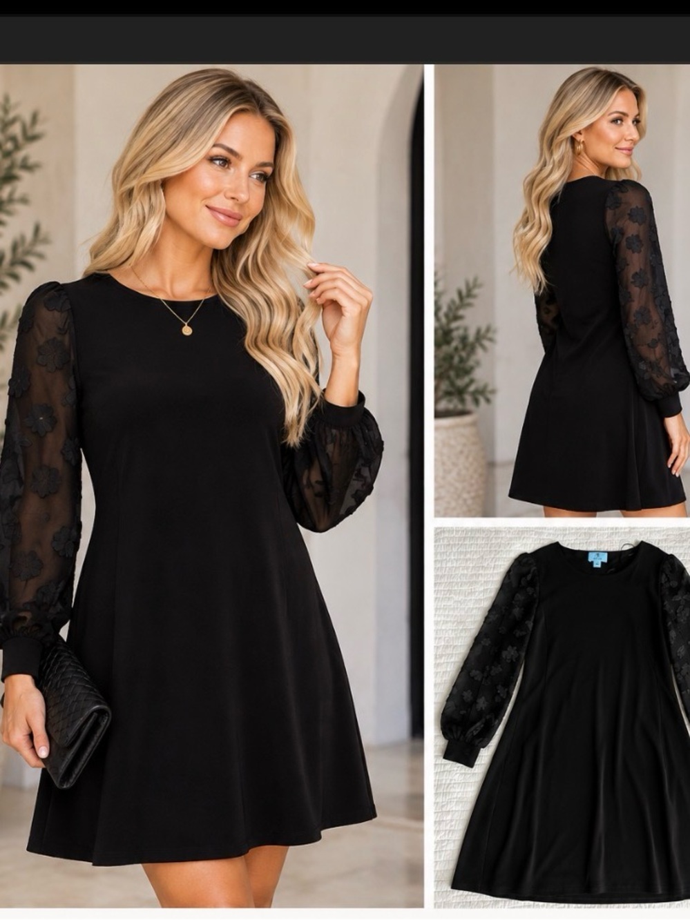 CeCe Black Mini Dress with Sheer Floral Puff Sleeves